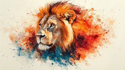 Naklejka premium Watercolor lion portrait, vibrant colors, majestic.