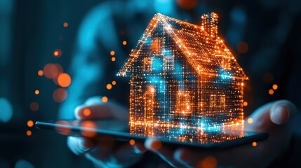 Illuminated house on smartphone, embracing smart home technology and modern living