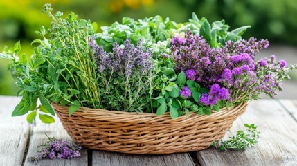 Vibrant Herbs in a Basket on a Wooden Table