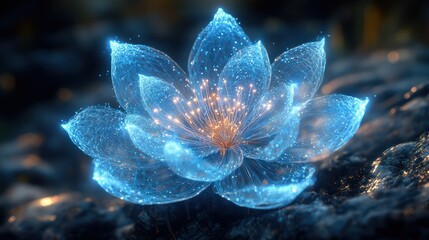 Glowing blue lotus flower on dark rocks.