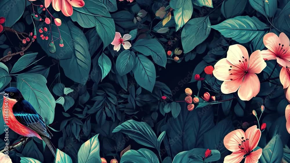 Poster vibrant tropical paradise featuring colorful flora and fauna in serene nature setting with enchantin