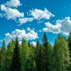 Lush Green Forest Under a Vibrant Blue Sky With Fluffy Clouds During a Sunny Day in a Serene Natural Landscape