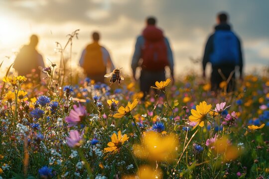 Fototapeta People walking through a vibrant wildflower field at sunset with bees buzzing around flowers