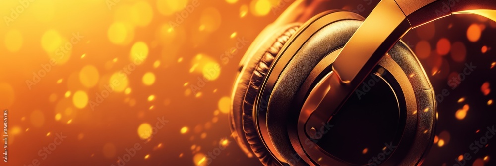 Poster 3d close up of headphones with a warm glowing background in a vibrant setting. generative ai