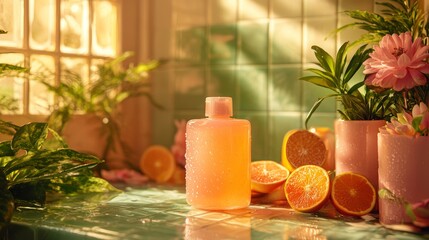 Fototapeta premium Citrus-themed decor with candles and sunlight