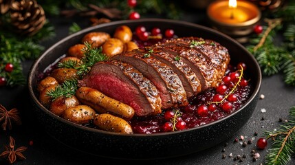 Roasted venison with cranberry sauce and potatoes.