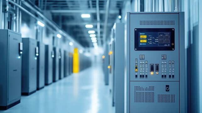 Modern smart grid power distribution center. Advanced control panels. Industrial style facility. Rows of tech equipment. Ample white space. Cutting edge tech. High quality photo. Interior shot. Power