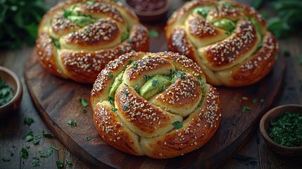 Rose shaped savory buns with herbs and sesame seeds.