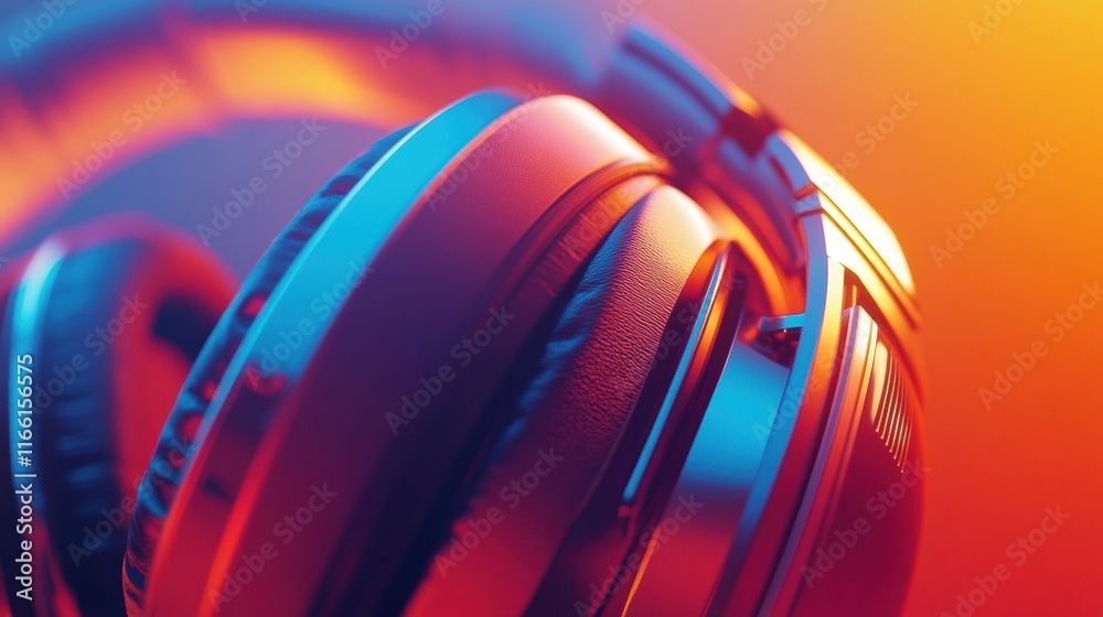 Poster close up view of modern headphones showcasing intricate design and vibrant colors in stylish setting