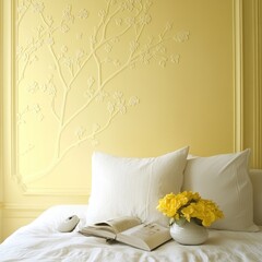 Cozy Bedroom With Soft White Bedding and a Bright Yellow Flower Arrangement Against a Delicate Textured Wall