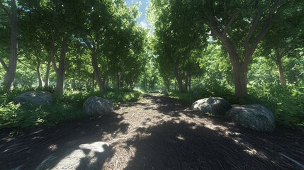 Sunlight Filters Through a Lush Forest Path Surrounded by Greenery and Rocks on a Clear Day in a Serene Outdoor Environment