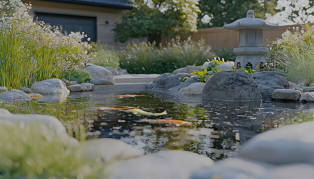 Serene koi pond nestled in a meticulously landscaped Japanese garden, featuring a stone lantern and lush greenery.