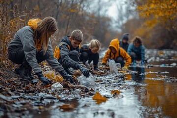 Group of volunteers cleaning a riverbank in autumn, promoting environmental awareness and conservation efforts