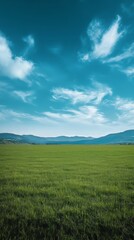 Fototapeta premium Expansive Green Field Under a Bright Blue Sky With Scattered Clouds and Distant Mountains in Late Afternoon Light