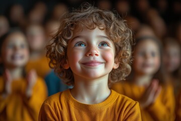 Joyful child enjoying performance in a crowded theater filled with young audience members clapping together