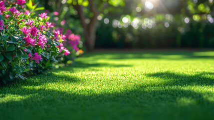 Naklejka premium Lush green lawn with vibrant pink flowers in the foreground, bathed in sunlight. Perfect for landscaping, gardening, and home improvement projects.