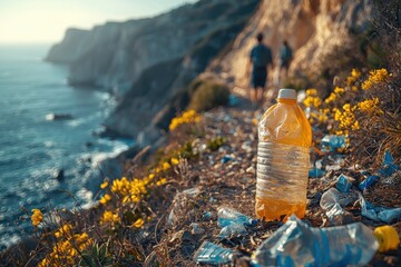 Obraz premium Environmental negligence evident along coastal trail with plastic waste and mountain backdrop during sunny day