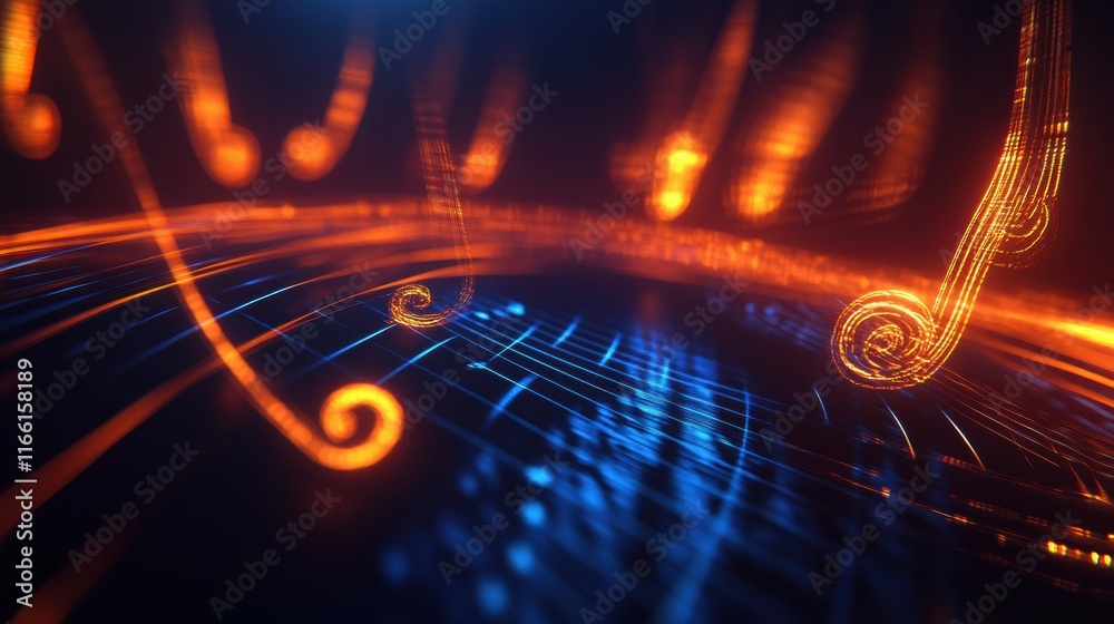 Aufkleber flowing musical staff lines features glowing neon tones in a vibrant and dynamic design. generative 