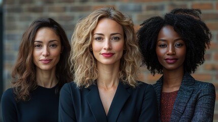 A captivating portrait featuring three confident women standing side by side, each with distinct hairstyles, exuding empowerment and elegance in a professional setting.