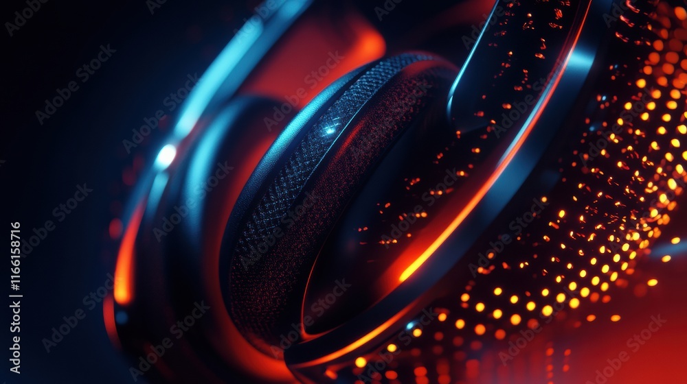 Poster close up view of modern headphones showcasing intricate design and vibrant colors in a dark setting.
