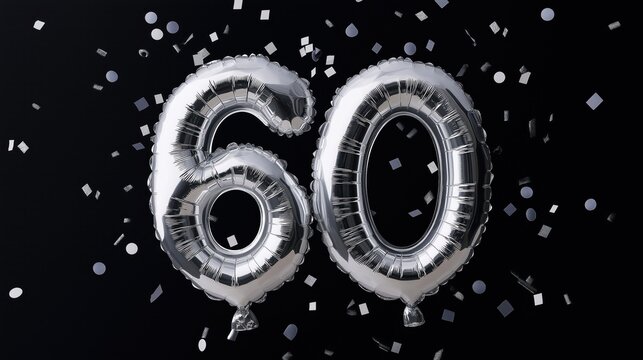 Silver balloons shaped as number 60. Confetti on black background. Celebration for birthday anniversary. Festive decoration for party celebration. Anniversary birthday theme. Happy event. Festive,