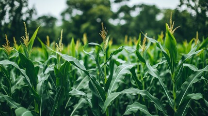 Obraz premium Lush Corn Field Under Overcast Sky