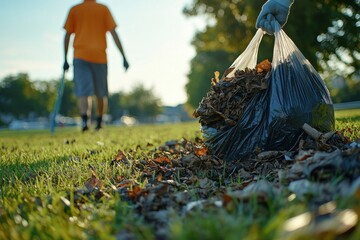 Community members clean up park area during sunny afternoon, promoting environmental care and teamwork