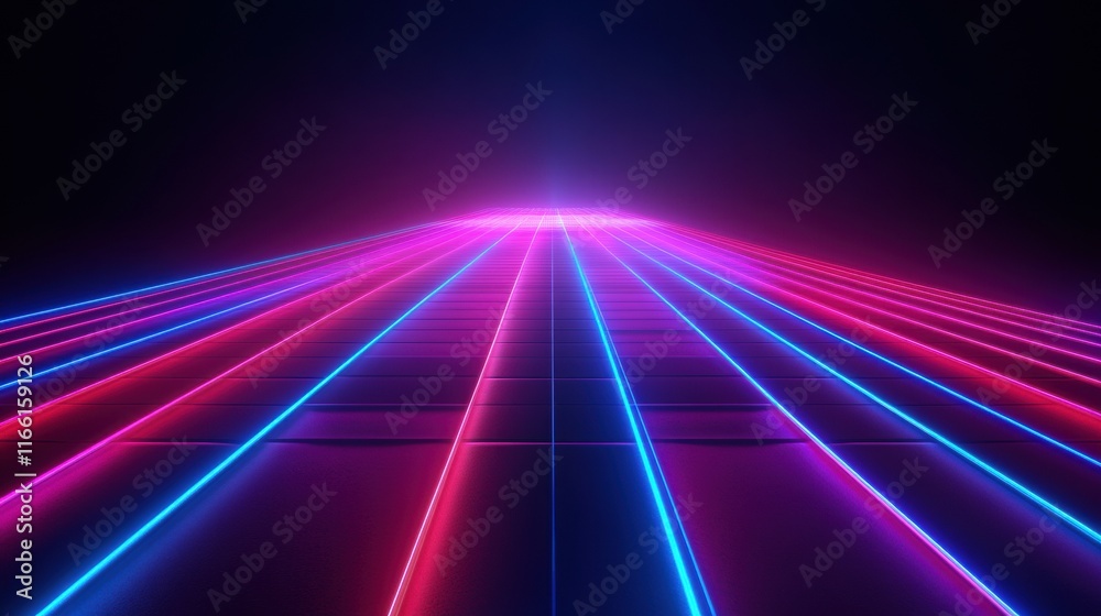 Poster Vivid 3D neon landscape with vibrant pink and blue lines extending into the distance. Generative AI