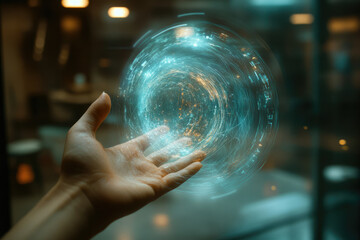 A hand interacts with a swirling, glowing orb of digital data, symbolizing futuristic technology and innovation.