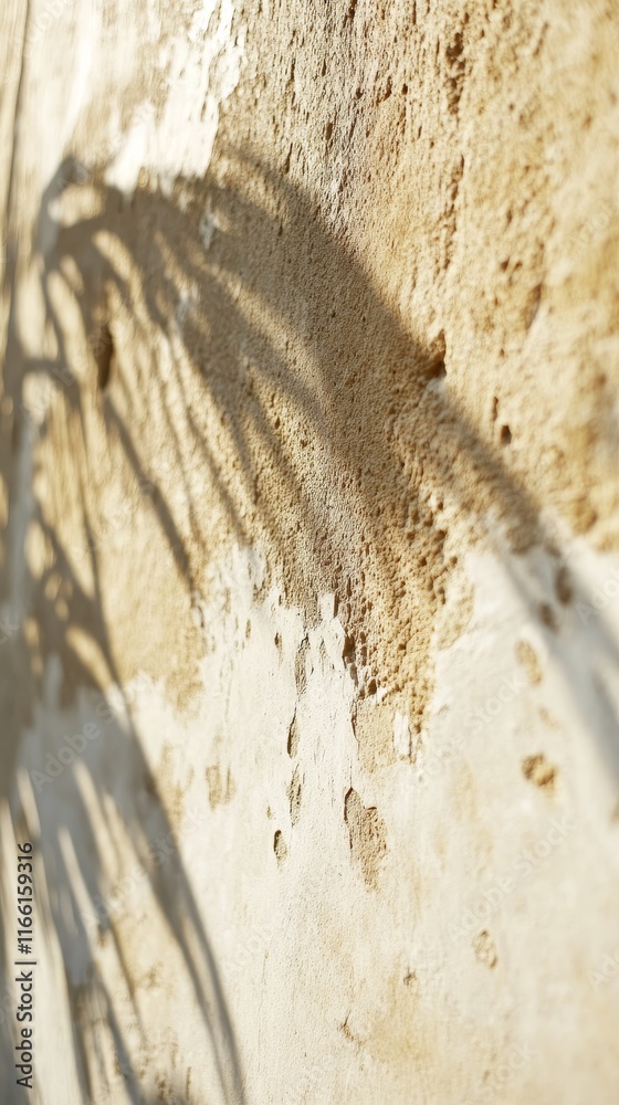 Poster light and shadows create intricate patterns on a textured wall with natural elements in a warm, sunl