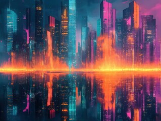 Naklejka premium Futuristic city at night. Glowing skyscrapers, vibrant colors. Abstract urban landscape. Tech city skyline reflected on water. Modern architecture in neon lights. Night view of metropolis. Colorful