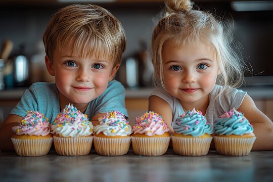 Kids smile while decorating colorful cupcakes in a bright kitchen during a fun baking activity