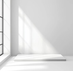 Obraz premium Bright Interior Space With Minimalist Design Featuring a Sunlight-Drenched Corner and a Sleek Platform Nearby