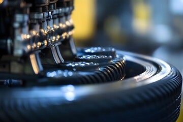 A close-up of rubber material being shaped into tyre suing automated machinery.