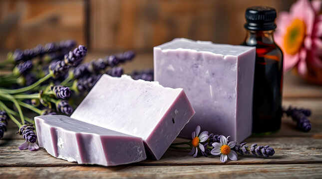 Handmade lavender soaps with lavender flowers and essential oils on an old wooden surface