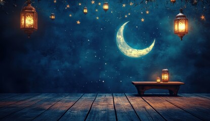 Enchanting night scene featuring a crescent moon, glowing lanterns, twinkling stars, and a rustic wooden table set against a dreamy blue background.