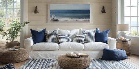 Coastal-themed living room interior with white sofa, blue and white striped pillows, maritime decor, and wooden accents near large windows.