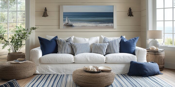 Coastal-themed living room interior with white sofa, blue and white striped pillows, maritime decor, and wooden accents near large windows.