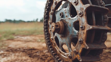Obraz premium Rustic Equipment Wheel in Overcast Sky Setting