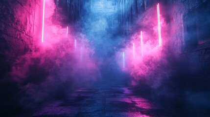 Fototapeta premium Neon Lights Illuminate a Mysterious Corridor Filled With Colorful Mist in an Atmospheric Urban Setting at Night