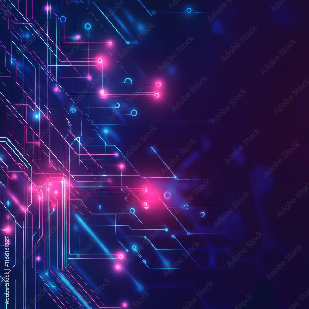 Poster colorful circuit board design with glowing lines and nodes creating an abstract digital background i