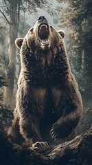 Obraz premium A grizzly bear roaring in the forest