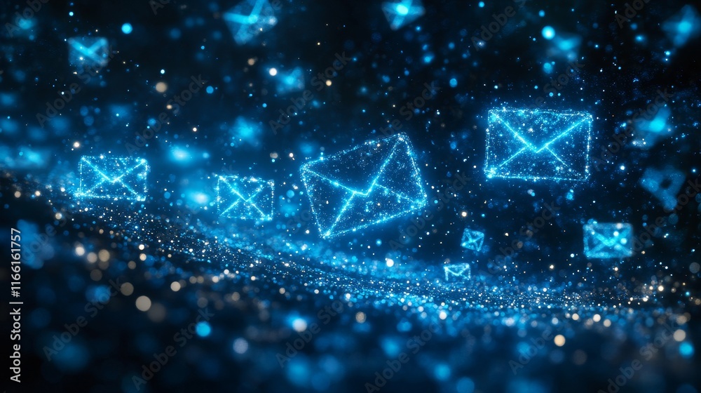 Aufkleber Digital Representation of Glowing Email Icons Floating in a Dark Background Creating an Abstract Communication Theme