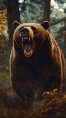 Fototapeta premium A grizzly bear roaring in the forest