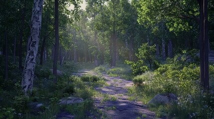 Obraz premium Scenic Forest Path Under Soft Sunlight in a Tranquil Setting With Lush Greenery and Vibrant Foliage During Early Morning Hours