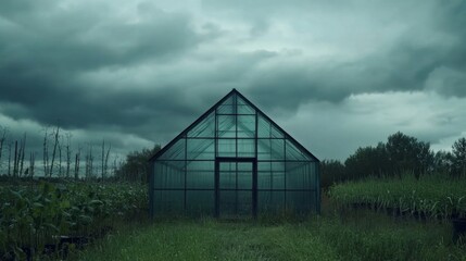 Obraz premium Serene Countryside Greenhouse Under Overcast Skies