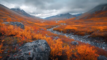 Fototapeta premium Vibrant Autumn Colors Adorn a Serene Valley Landscape With Rocky Terrain and Flowing River Under a Moody Sky