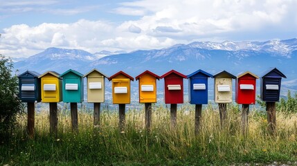 Colorful Mailbox Row in a Scenic Mountain Landscape Under a Cloudy Sky With Vibrant Hues and Grassy Surroundings