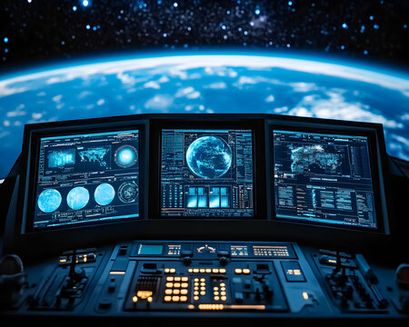 Futuristic spaceship control panel with Earth view.  High-tech monitors display data, showcasing global connectivity and space exploration.