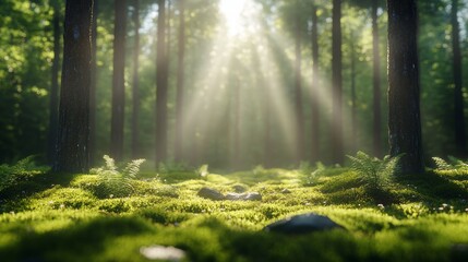 Obraz premium Sunlight Streaming Through Trees Illuminates a Serene Forest Scene Filled With Lush Green Ferns and Soft Moss Covering the Ground